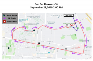 Run for Recovery 5K map. 5K begins and ends at UREC outdoor pool complex.